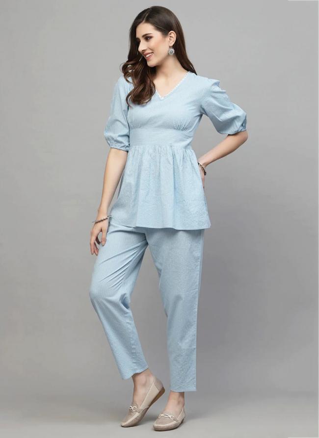 Premium Cotton Sea Blue Casual Wear Embroidery Work Readymade Cord Set